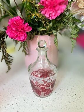 Vintage French Cranberry Etched Glass Cordial Decanter